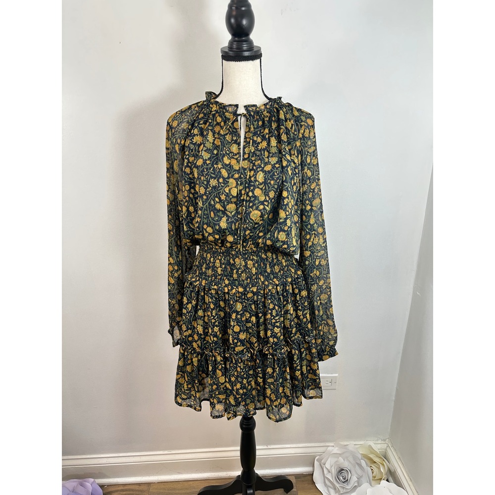 Floral Mini Dress Long Sleeve Smocked Waist Ruffle Hem